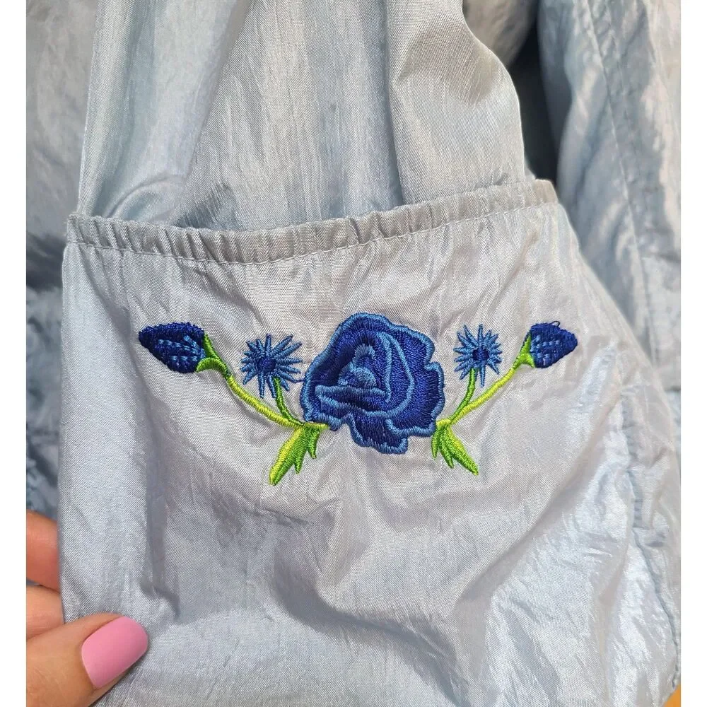 Tudor Court XL Embroidered Powder Blue‎ Floral Windbreaker Jacket Shiny Pastel